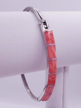 Spiny Oyster Inlay Hinged Bangle Bracelet - 925 Sterling Silver
